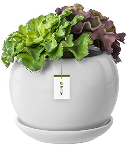 botle Blumentopf Blumenübertopf Weiss Kugel Blumenschale mit Untersetzer Rund BxH 110 mm x 100 mm Oberfläche Glanz Keramik Modern Glamour