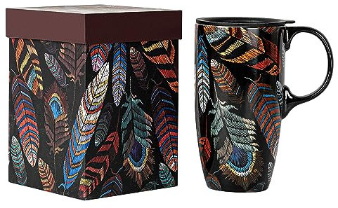 DUSVALLY Coffee Ceramic Mugs Travel Coffee Mug Porcelain Latte Tea Cup with Lid and Gift Box 17oz.Tall Coffee Mug, Feathers