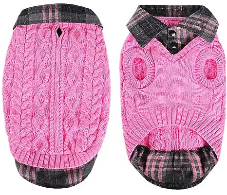 CITÉTOILE Warme Hundepullover mit Karomuster, Rollkragen & Leinenlöchern – Winter Welpenkleidung für kleine/mittlere/große Hunde Katzepullover für Weihnachten, Rosa, L