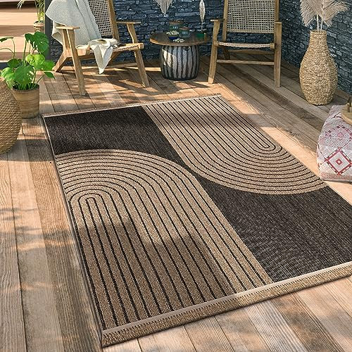 Paco Home Hochwertiger Outdoor Teppich Wetterfest & Pflegeleicht Jute-Sisal-Optik mit Fransen & Hoch-Tief-Effekt Langlebig für Terrasse, Balkon, Garten & Küche, Grösse:240x340 cm, Farbe:Anthrazit