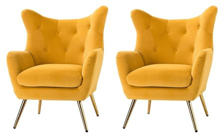 HULALA HOME Sessel gemütlich Ohrensessel gepolstert mit goldenen Metallbeinen Lesesessel bequem Loungesessel aus Samt für Wohnzimmer Schlafzimmer 2er Set, Gelb