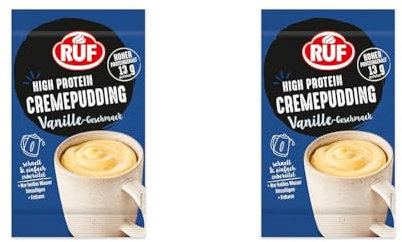 RUF High Protein Cremepudding Vanille-Geschmack, Vanille-Pudding aus der Tasse mit 13g Protein pro Portion, einfache Zubereitung, glutenfrei, 1 x 59g (Packung mit 2)