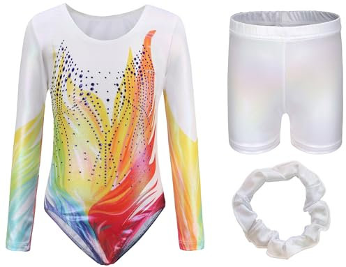 Adigau Mädchen Turnanzug Turnshorts Haarband Set Langarm Ballettbody mit Sport Shorts Ballettanzug Turnbody Sport Trikotanzug Gymnastik Trikot Leotards B1 11-12 Jahre