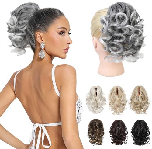 REECHO Pferdeschwanz Haarverlängerung, 23 cm Kurze lockige gewellte Haarklammer Haarteil Pferdeschwänze Haarverlängerungen Haarteile für Frauen Ponytail Extension - Den grauen mit weiß Enden