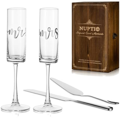 NUPTIO Wedding Gifts Prosecco Flutes: Mr Mrs Anniversary Presents Cake Knife Server Set Silver Personalised Champagne Glasses Wooden Box Couple Bride Groom Engraved Crystal