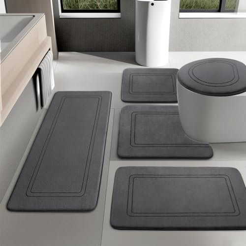 YIHOUSE Badezimmerteppich-Set, Memory-Schaum, saugfähig, rutschfest, waschbar, schnell trocknend, 5-teilig, Dunkelgrau
