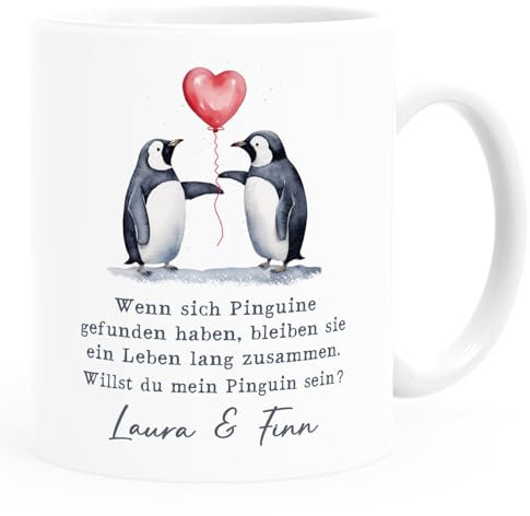 SpecialMe® Tasse Liebe Liebeserklärung Heiratsantrag Pinguin Paar Spruch personalisiert Namen Ein Leben lang weiß standard
