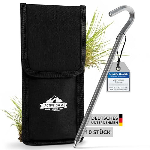 ACTIVE SPARK Hochwertige stabile Aluminium Zeltheringe als Camping Zubehör [10er Set Silber] Langlebig, robuste und leichte Bodenanker + Tragetasche, Erdanker, Heringe, Erdnägel, Erdhaken