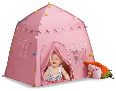 Balakaka Tente de Jeu Enfant 130×100×130cm, Château de Princesse avec Fenêtres pour Fille, Château pour Enfant Intérieur et Extérieur Idée Cadeau, Rose
