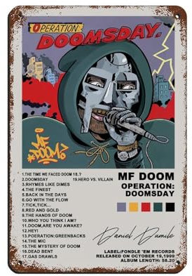 NTRECS MF Doom Poster Operation Doomsday Tracklist Album Poster 2 Retro Poster Metall Blechschild Chic Kunst Retro Eisen Malerei Bar Menschen Höhle Cafe Familie Garage Poster Wanddekoration 20 x 30 cm