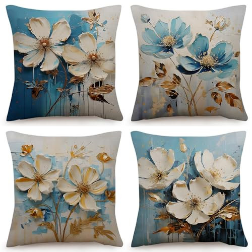 OYIMUA Kissenbezug 45x45 Blue 4er Set Blumen Kissenbezüge Leinen Deko Sofakissen Quadratisch Kissenhülle Garten Dekokissen Outdoor Kissen Bezug Zierkissen Aesthetic Couchkissen