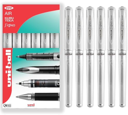 uni-ball Signo Pen - UM-153 Broad Metallic Gel Ink Rollerball - Metal 1.0mm Tip Nib - Rubber Grip - In Gift Box (Pack of 6, White)