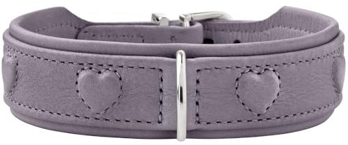 HUNTER Hundehalsband SOHO X Love, Farbe: Flieder-grau, Rindsleder, weich & geschmeidig, gepolstert & fellschonend, eingenähte Herzen, leicht, für kleine Hunde & Welpen, Made in Germany, Größe: 47