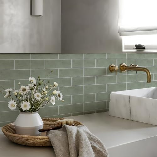Alwayspon Adesivi per piastrelle, 25 pezzi x 20 cm, color verde salvia, autoadesivi, per bagno, cucina, paraspruzzi, piastrelle adesive in vinile per pavimenti e pareti