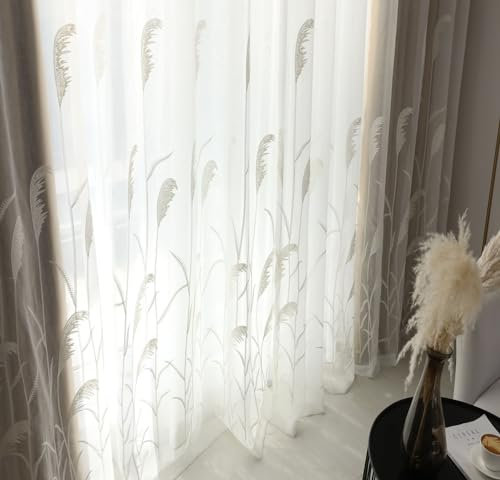 Homxi Tüll Gardine Küche 2er Set,2 x 107W x 115H cm,Gardinen aus Tüll Weiß Blätter Muster Ösen Gardinen