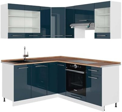 Vicco Küchenzeile Fame-Line, Dunkelblau Hochglanz/Weiß, 160.5 x 190 cm, AP Eiche