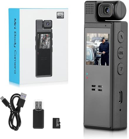 64GB Bodycam Mini-Körperkamera mit Audio und 1,3-Zoll-IPS-Bildschirm, Taschenkamera, FHD 1080P-Nachtsichtkamera, Eingebauter 1200 mAh Akku, Polizei-Körperkamera mit 180° Drehbarem Objektiv und Clip