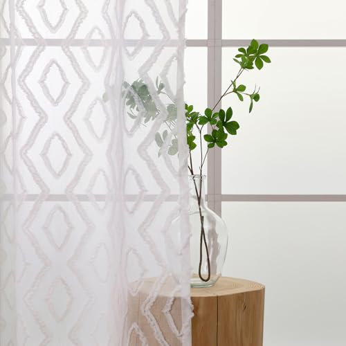 L.Z.E Gardine Weiß für Wohnzimmer, Vorhang Weiss mit Ösen Kurz, Transparent Boho Gardinen Vorhänge für Schlafzimmer Mädchen Kinderzimmer, 2er Set Ösen Schal Modern Vintage 175 cm Länge Naturweiß