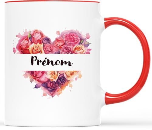 𝗖𝗔𝗗𝗘𝗔𝗨 𝗣𝗟𝗨𝗦 Mug Personnalisé Prénom - Mug Coeur Rouge Avec Fleurs - Tasse Personnalisée Prénom, Mug Personnalisé Prénom, Tasse Original, Tasse A Thé Originale, Mug Original Et Insolite