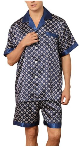 Mrat Pyjama Set for Men Silk Satin Pjs Sets Floral Print Two Pieces Nightwear Sets Loungewear Sleepwear Co Ord Short Sleeve Lapel Button Shirt Tops Loose Pants Lightweight Homewear