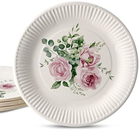 GREENBOX Lot de 8 assiettes en carton pour anniversaire, 23 cm, motif roses et eucalyptus, sans plastique, jetables, décoration JGA
