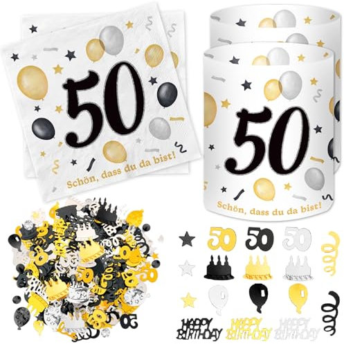20 Stück Servietten 50 Geburtstag+ 12 Stück Windlicht Tischdeko 50 Geburtstag + 500 Stück Konfetti zum 50. Geburtstag, Deko 50. Geburtstag Mann Frau, Tisch Deko 50 Jahre Schwarzes Gold