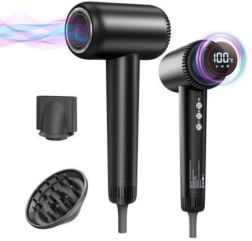 OYLCDI Hochgeschwindigkeits-Haartrockner, Fön, Föhn mit Diffusor, Stylingdüse & Halterung | 4 Temperaturstufen | 3 Gebläsestufen | 180.000 U/min Bürstenloser Motor | 200 Mio. Negative Ionen,Schwarz