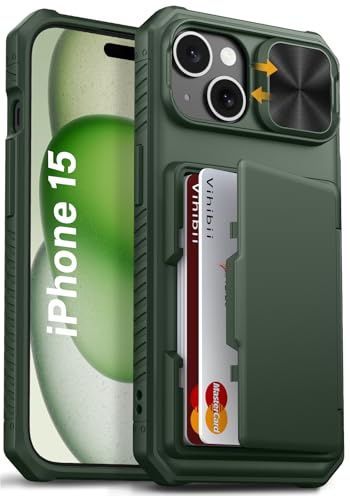 Vihibii for iPhone 15 / iPhone 14 / iPhone 13 with Card Holder, Green | Slide Camera Cover, Military Grade Drop Protection, Rugged Hard Back & Silicone Edge, Wallet Phone Case 6.1 2023