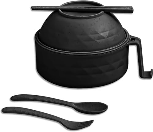 Microwave Ramen Bowl,6 Piece Set Ramen Bowl Set,Ramen Noodle Cooker with Lid and Handle,Ramen Noodles Bowl, Ramen Cooker Microwave,Comes with Spoon And Fork For Home Office Dorm Room College (Black)