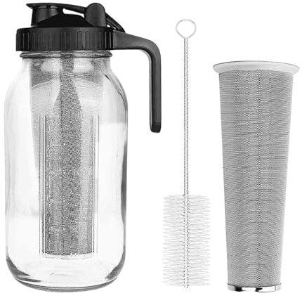 NHBETYS Cold Brew Coffee Maker, 64oz Heavy Duty Glass Mason Jar with Stainless Steel Filter Glass Water Pitcher Cold Brew Pitcher Heavy Duty Glass Mason Jar with Flip Cap Lid and Spout