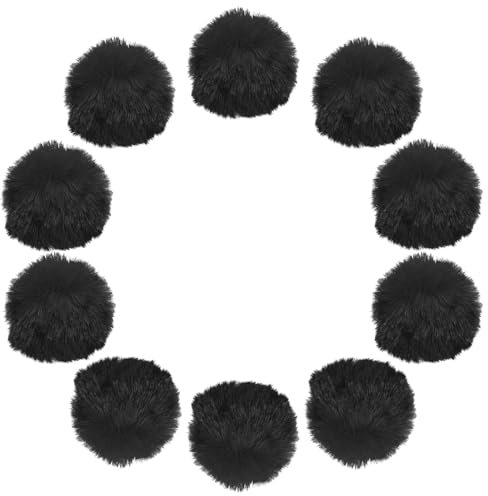 QUARKZMAN 5cm Kunstpelz Pom Pom Bälle, 10 Stück Schwarze Flauschige Weiche Kunstpelz Pom Poms für Hüte mit Elastischer Schlaufe für DIY Schals Handschuhe Taschen Schuhe Zubehör