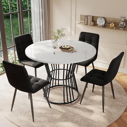 Esstisch-Set (5-teilig), Esstisch-Set mit 4 Stühlen, Küchentisch-Set, runder Esstisch mit 100 cm Durchmesser und schwarzen Metallbeinen, weiße MDF-Tischplatte,Samt-Esszimmerstühle (Schwarz+Weiß)