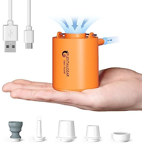 FLEXTAILGEAR Tiny Pump, Air Mattress Pump, Long Endurance Battery, Camping Air Pump USB Rechargeable for Pool Floats Air Bed Air Mattress Swimming Ring Vacuum Storage Bags (Orange)