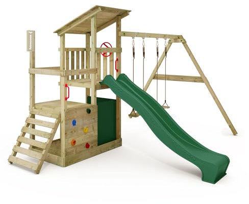 FATMOOSE Aire de Jeux FruityForest Fun XXL portique en Bois avec balançoire et Toboggan Vert, Tour d'escalade pour Enfants avec bac à Sable, échelle et Accessoires de Jeu pour Le Jardin