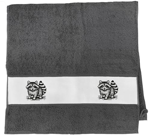 Huuraa Handtuch Waschbär Comic Geschenk | 50x100cm Graphite Baumwolle Handtuch Geschenkidee Graues Gästehandtuch mit Motiv Gästetuch Weich und Saugstark