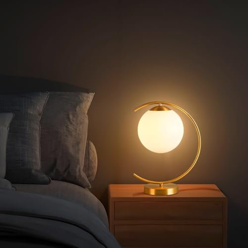 YUPIN Kugel Glas Tischlampe Messing Weiß Moderne Tischlampe E27 Dekoration Einfache Schreibtischlampe Goldene Tischlampe Aus Metall Wohnzimmer Esszimmer Schlafzimmer Bar Nachttischlampe