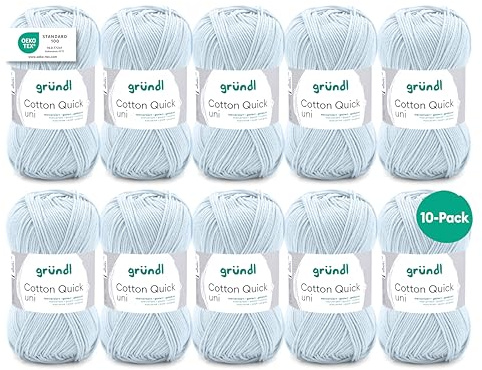 Gründl Laine Cotton Quick uni Fil à crocheter 10 pelotes 50 g, Bleu pâle | laine fine pour crochet – fil à tricoter – fil à crocheter – brillante et douce pour la peau – 100 % coton – 50 g / 125 m