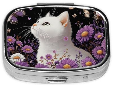 Generic Quadratische Pillendose mit Katzen- und Schmetterlings-Blumendruck, 2 Fächer für Geldbörse und Tasche, Mini-Pillenhalter, aus Metall, Reise-Pillenbehälter