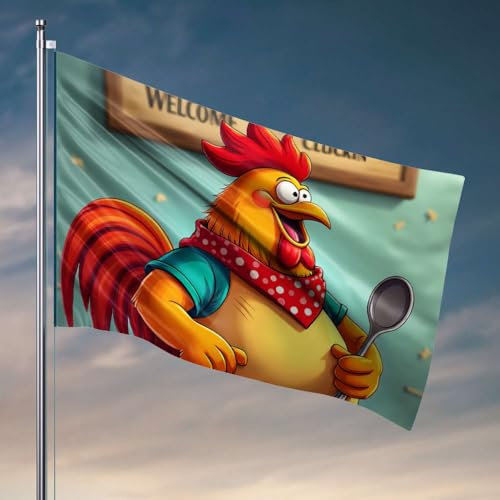 Drapeaux graphiques pour chambre Un coq de dessin animé joyeux portant un bandana à pois rouges Décorations de porche Accessoires de chambre extérieure pour homme (152 x 244 cm)