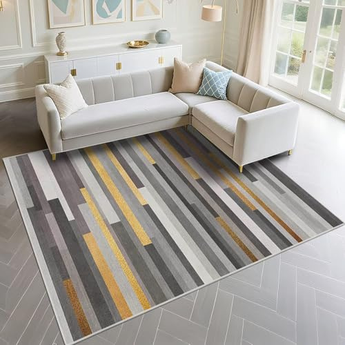 DJHWWD Bettumrandung Teppich Shed Resistant 170x240cm, Grau Gelb Teppiche Groß Moderne Streifenmuster für das Wohnzimmer im Büro