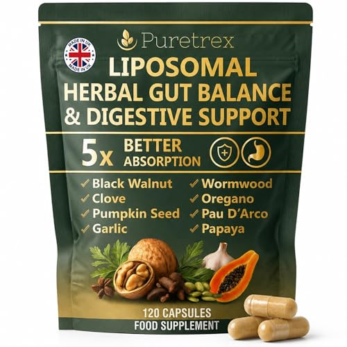 PURETREX Liposomal Botanical Digestive Wellness Complex 120 Capsules, Made in UK, Herbal Food Supplement with Oregano, Black Walnut, Wormwood, Clove, Papaya, Garlic & Pumpkin Seed, Package May Vary