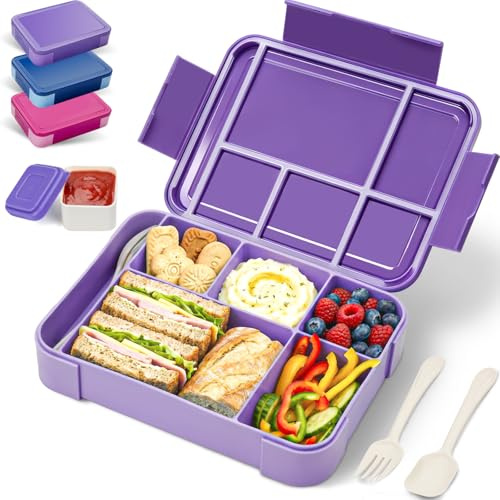 BIBURY Lunch Box Kids Adults, Leakproof Bento Box Lunchbox with 5 Compartments & Sauce Pot & Cutlery, BPA Free, Microwave Dishwasher Safe Snack Box Sandwich Box for School Boys Girls, (Purple)