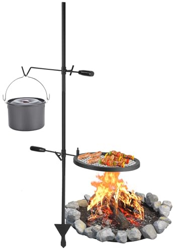 Aptliton Swivel Campfire Grill for Open Flame BBQ – Heavy-Duty Steel Grate, Adjustable, Portable Cooking Rack with Carrying Bag, Bakelite Handle & Hanger Rod – Grill + Hook, Three-Piece Baking Tray