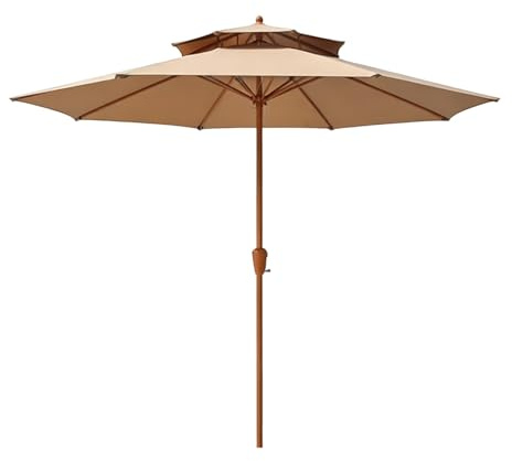 Parasol de Jardin Double Toit 270cm, Parasol Extérieur Anti-Vent avec Protection UV, Manivelle，pour Terrasse, Piscine, Plage(Khaki)