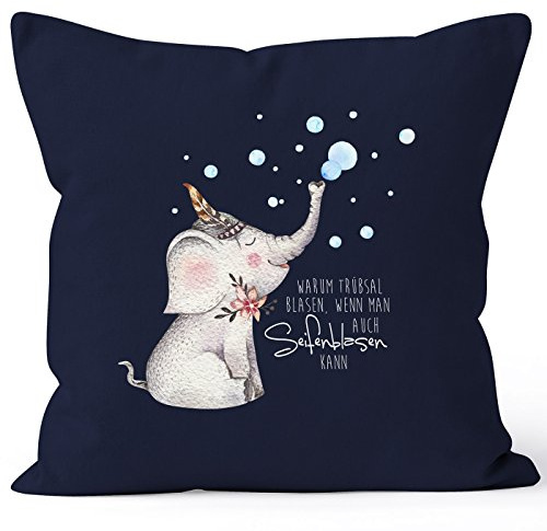 MoonWorks Kissenbezug Elefant Warum Trübsal Blasen wenn man auch seifenblasen kann 40x40 Baumwolle Navy 40cm x 40cm
