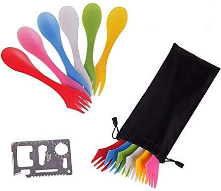 12 Pack Sporks,Durable & BPA Free Tritan Sporks,Spoon Fork & Knife Combo Utensils,6 Colors,Best Flatware Mess Kit for Camping&Outdoor Activities,with Bottle Opener and Portable Bag