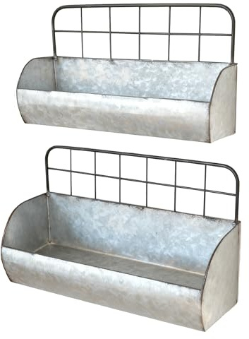 ShabbyDecor Galvanized Metal Industrial Wall Storage Holder, Set of 2 Rustic Tin Shelves