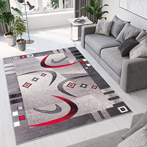 TAPISO Dream Teppich Wohnzimmer Kurzflor Modern Grau Creme Rot Bordüre Meliert Bumerang Vierecke Schlafzimmer Esszimmer ÖKOTEX 250 x 300 cm