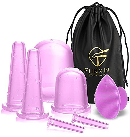 Silikon Schröpfen, Schröpfgläser silikon Entferner Massagegerät mit Körper Schröpfen, Gesicht schröpfen, Auge schröpfen, Gesichtsreinigungsbürste und Kordelbeutel, 7 pcs Anti Aging Violet