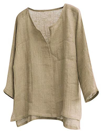Yowablo Leinenhemd Herren Hemd Herren Langarm Sommerhemd Herren Regular Fit Freizeithemd Kurzes atmungsaktives bequemes einfarbiges langärmliges lockeres lässiges T-Shirt (XL,Khaki)